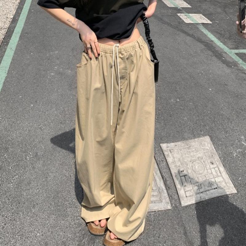 

Элегантные женские повседневные брюки на шнурке, модные свободные брюки с высокой талией 2024, однотонные широкие брюки в стиле ретро, ​​женские прямые женские брюки больших размеров XXL хаки