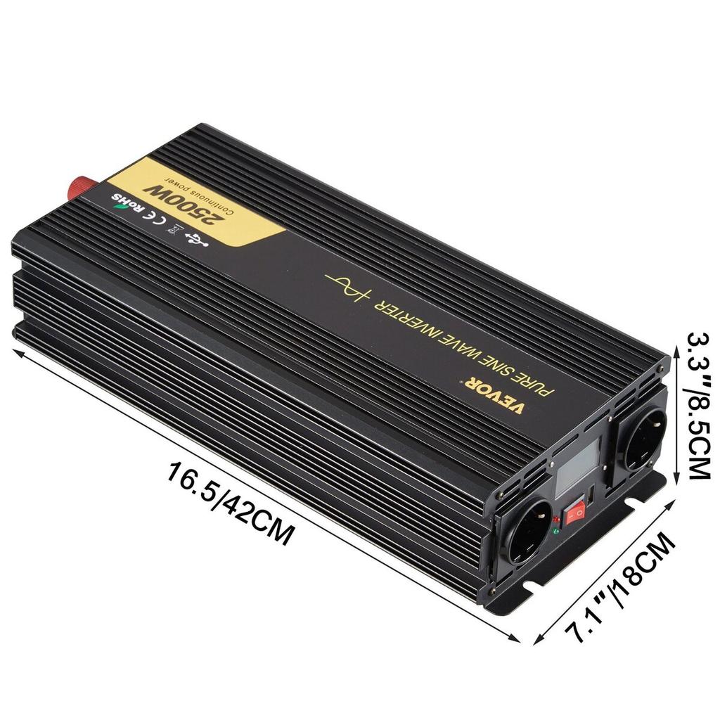 Pure Sine Wave Inverter 2500W Power Inverter DC 12V AC 230V, Car Inverter USB Port LCD Display Remote Controller, Safety Protections, Power Converter