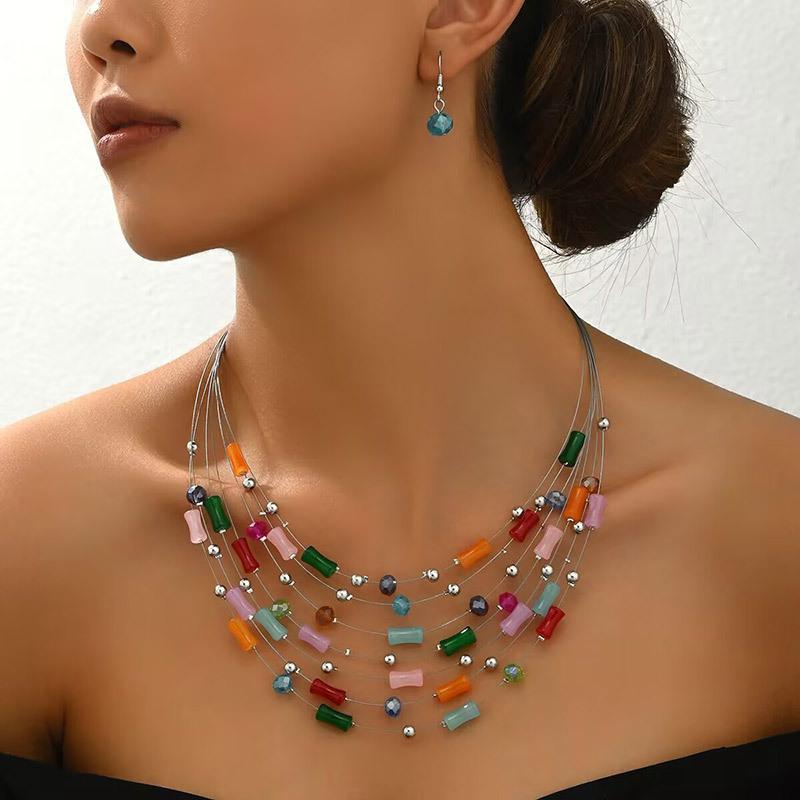Ethnic Boho Multilayer Crystal Beads Necklace Earrings for Women Bohemian Jewelry Set Party Wedding Statement Choker Collar