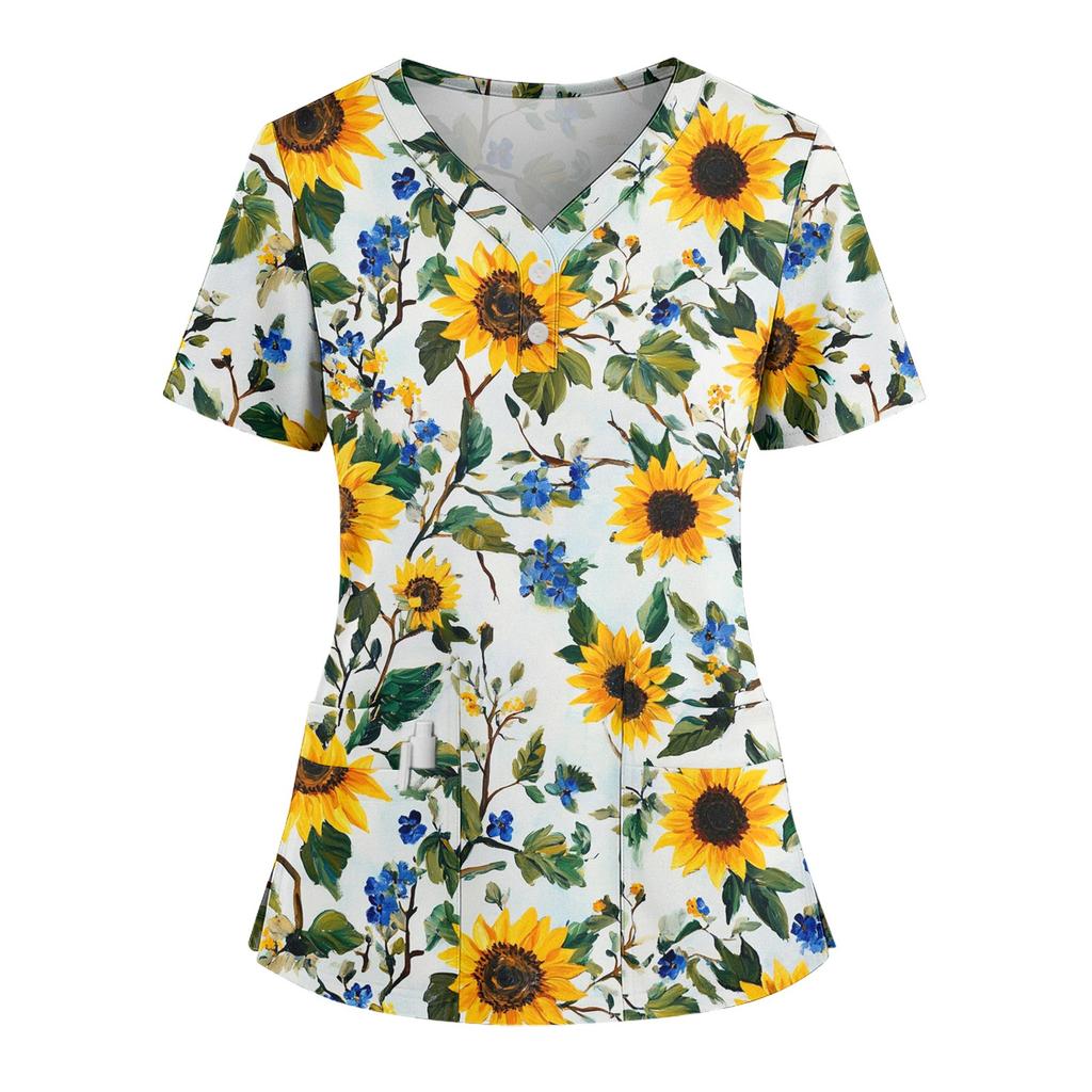 Women's Loose Short Sleeved Fashionable Flowers And Plants Printing V-neck Buttonable Side Slit Top T-shirt
