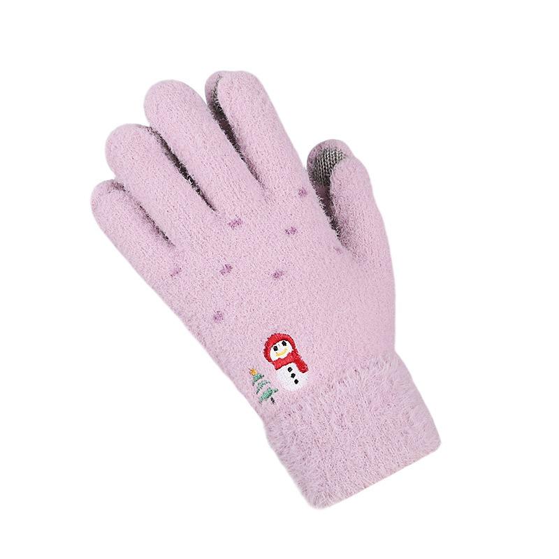 Women's Touch Screen Gloves Embroidered Snowman Cute Imitation Mink Warm Knitted Plush Autumn and Winter Cold-proof Finger Gloves