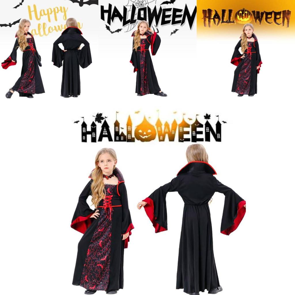 Spooky Halloween Witch Costume For Kids Black Polyester Scary Girl Party Outfit
