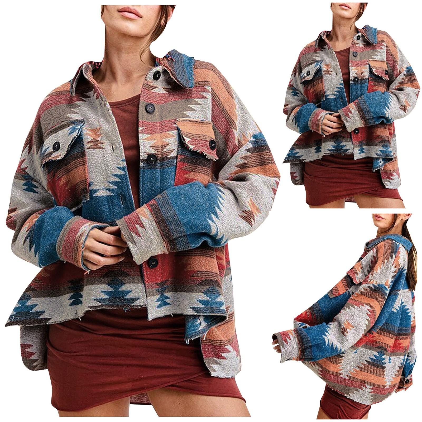 

Женская осенне-зимняя свободная куртка больших размеров с воротником с лацканами и геометрическим принтом