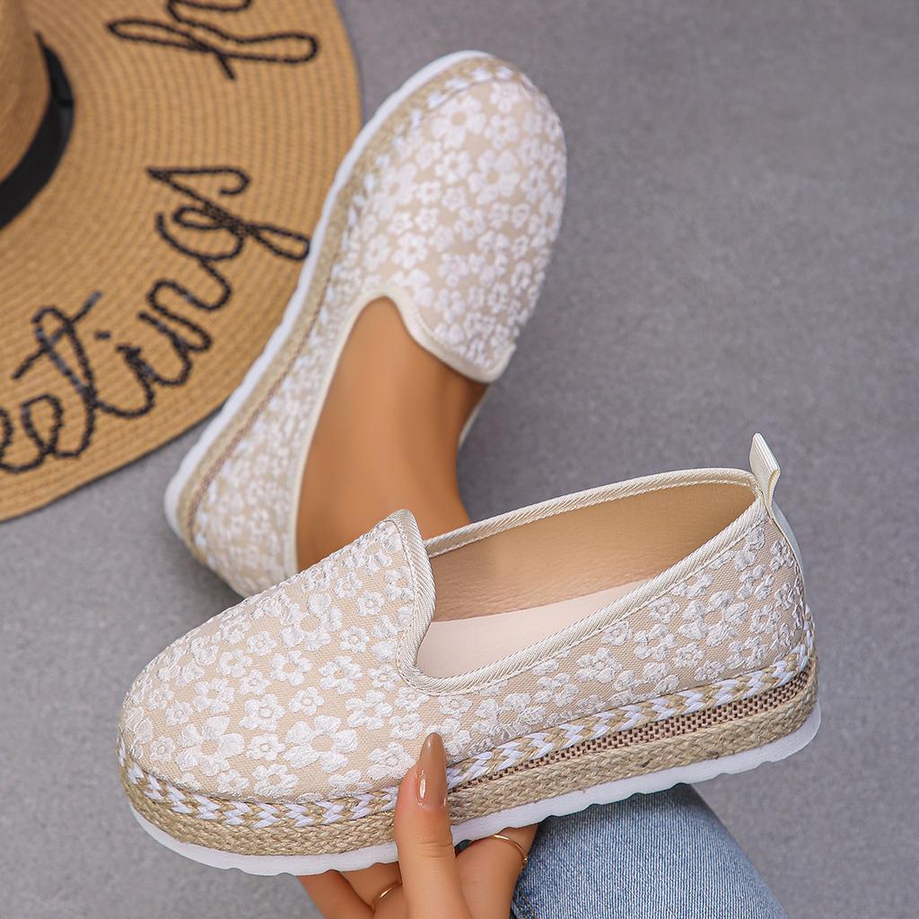 Fashion Elegent Flax Breathable Mesh Canvas Espadrille Flats Comfortable Women Elegent Weave Embroidery Pattern Designer Espadrille