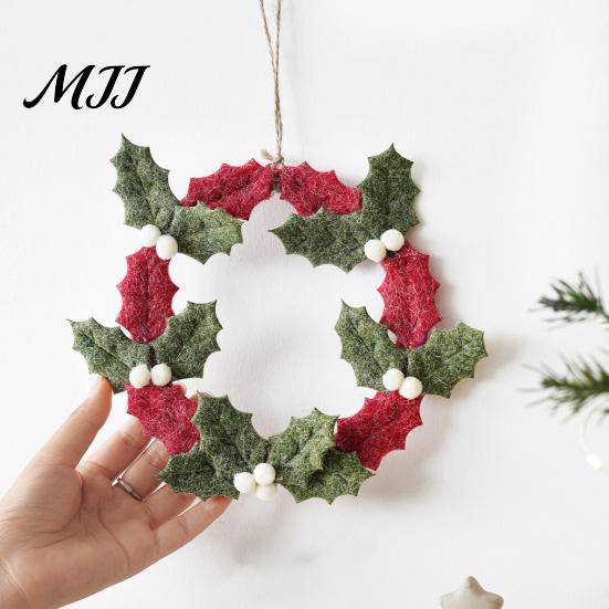 Holiday Wall Hanging Decor 8 Inch Felt Christmas Holly Wreath, Handmade Berry Festival Scene Ornament Wreath for Front Door, Winter Window Reusable