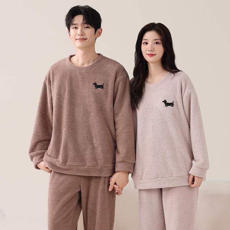 Half Fleece Couple Pajamas Autumn And Winter Coral Fleece Thickened Fleece Warm Suit Men'S And Women'S Casual Pullover Loungewear