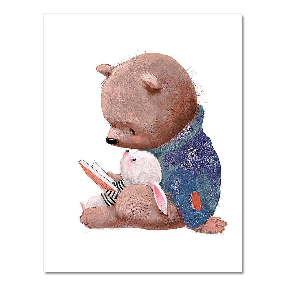 Bear Rabbit Art Canvas Print Baby Bunny Poster Nursery Painting Flower Animals Wall Art Nordic Poster Picture Kids Room Decor