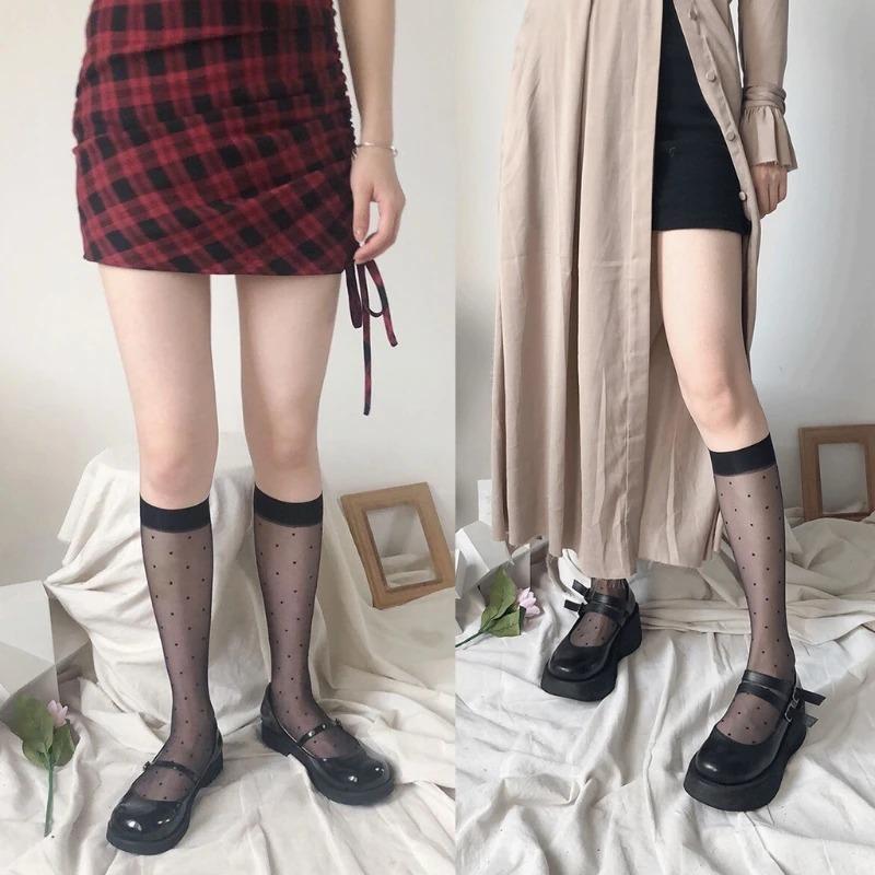 Women Summer Sexy Transparent Calf Socks Harajuku Vintage Polka Dot Print Jacquard See-Through Mesh Knee Drop Shipping
