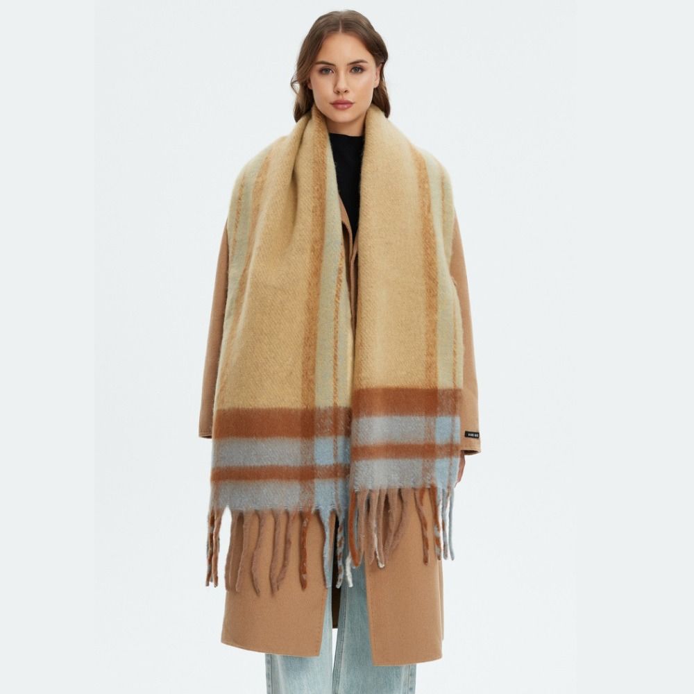 Long Plaid Wool Scarf Plush Winter Cashmere Scarves Simple Rainbow Tassel Shawl Women/Men