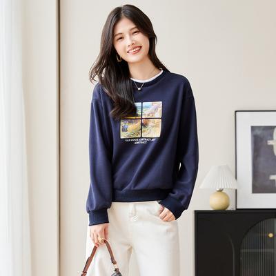 Ölgemälde Bedrucktes Sweatshirt Damen Locker Slim Herbst Rundhals Pullover Top