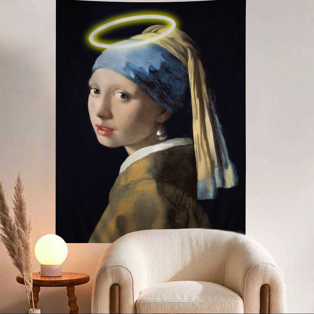 

Funny Mona Lisa Wearing Pearls Girl Colorful Tapestry Wall Hanging Bohemian Wall Tapestries Mandala Wall Art Decor 74x94cm(29x37in)