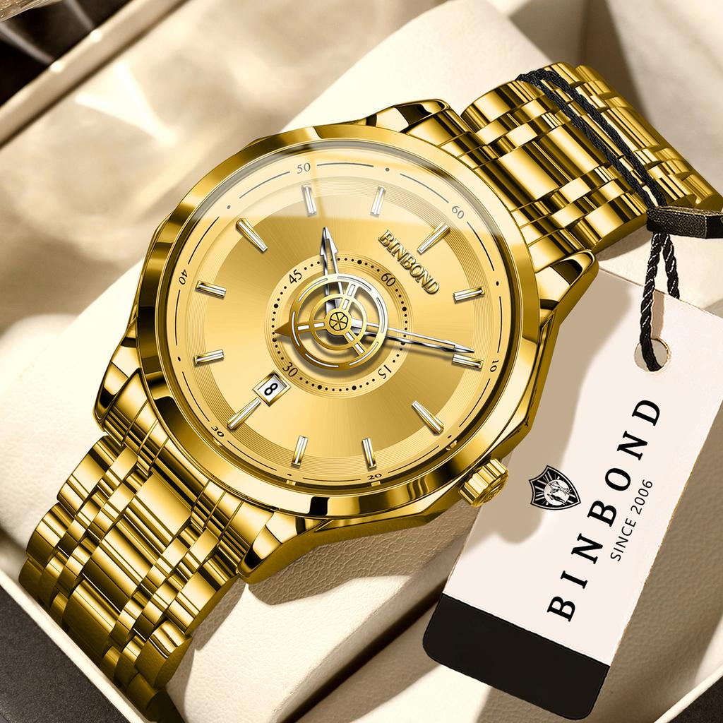 BINBOND Orginal Men's Waterproof Luminous Quartz Watch For Men Luxury Auto Date Sturdy Wristwatch Casual Reloj