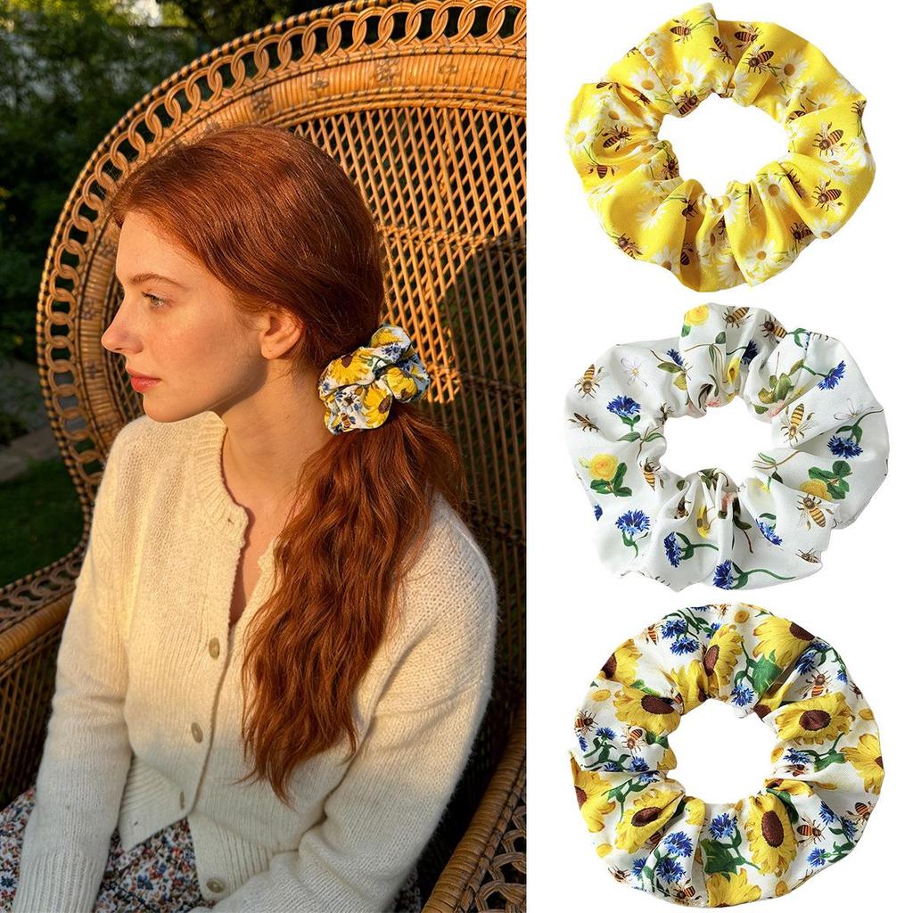 Floral Bee Print Scrunchie: High-Elastic Hair Tie for Women