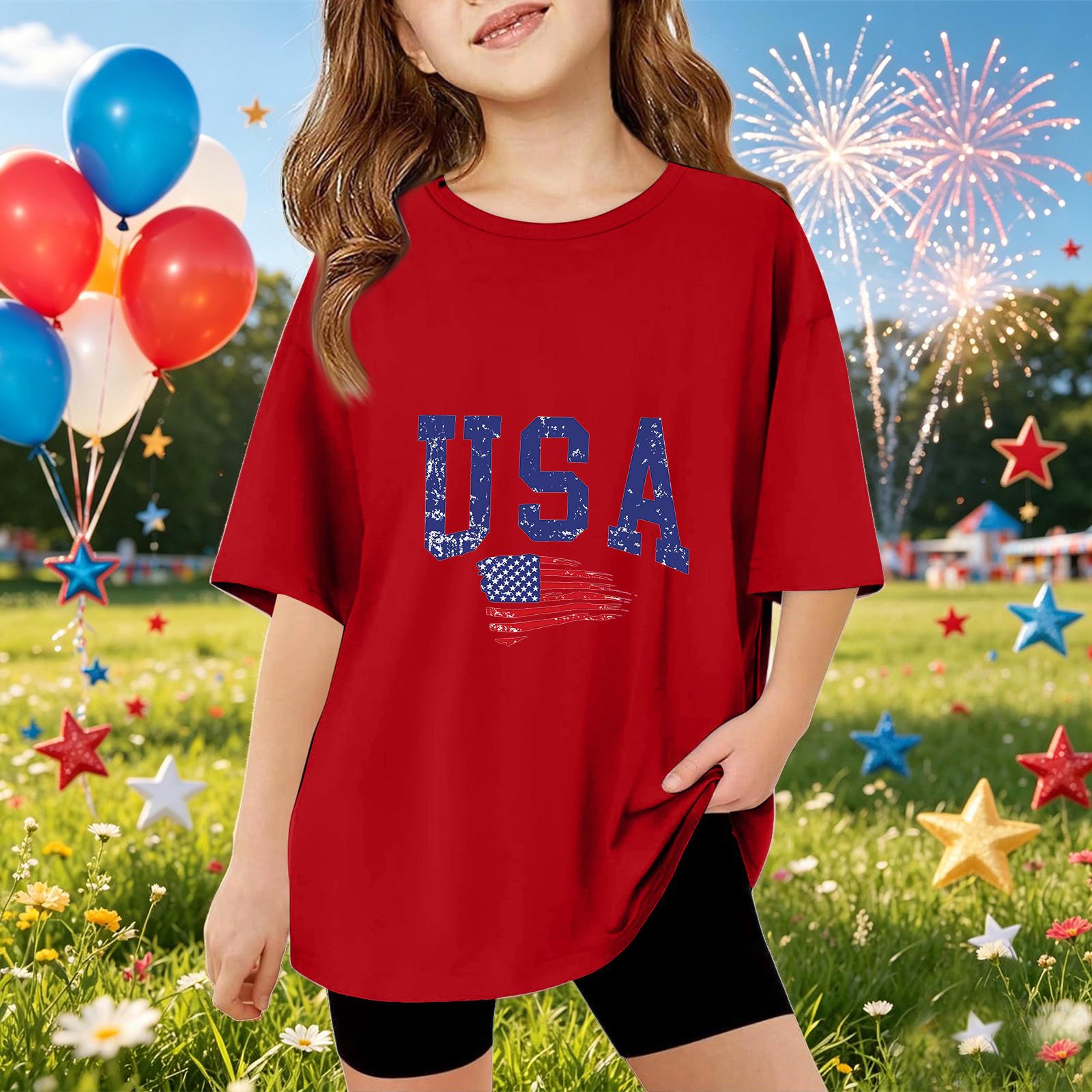

Kids Short Sleeve T Shirt USA Print Top Casual Loose Fit Tee for Boys and Girls Summer Wear Soft Comfortable Fabric 160 красный