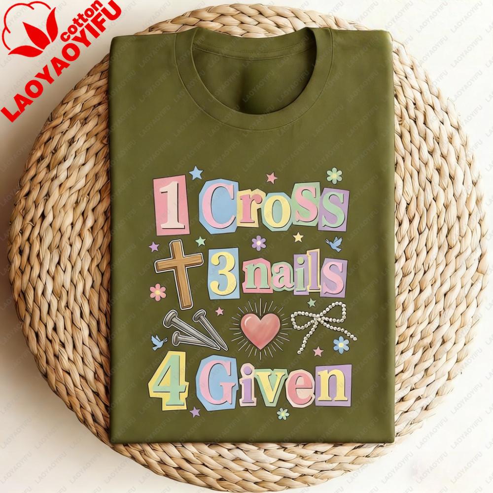 

1 Cross 3 Nails 4 Given Coquette Bow TShirt Christian Easter TShirt Easter Gift for Women Shirt Christian Faith Tee Cotton Tops S