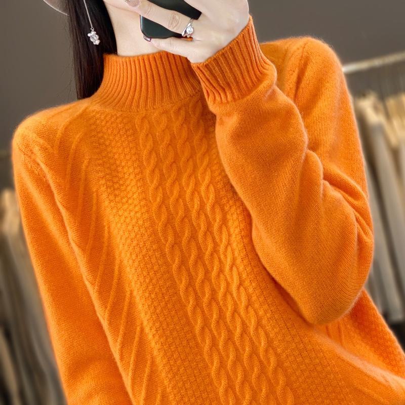 Autumn Winter Knit Top Women Loose Cropped Base Layer Semi High Neck Outerwear Pullover Sweater