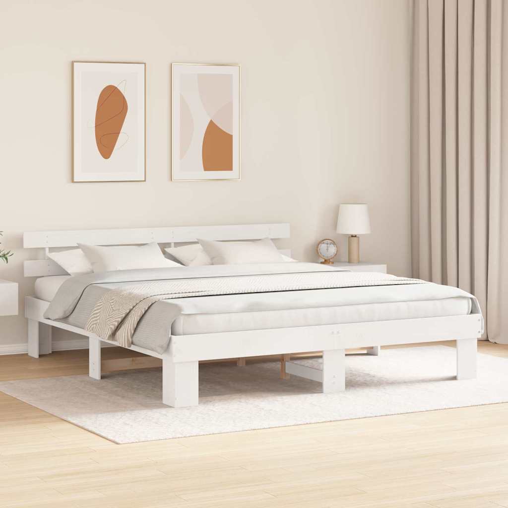 White Bed Frame with Headboard 180 x 200 cm Solid Pine Wood