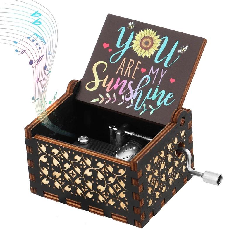 New You Are My Sunshine Music Box Color Printing Wooden Hand Crank Musical Box Birthday Present Valentine's Day Christmas Gift