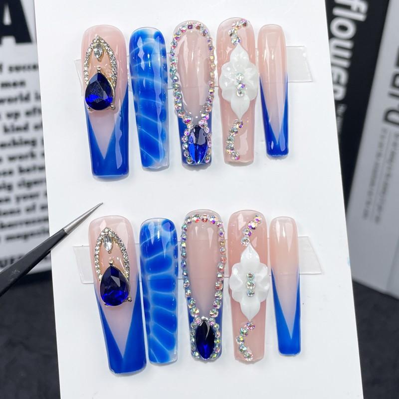 Medium-Long Water Pipe Nail Tips With Ice-Transparent French Design Gradient Snake Skin Handmade Press-On Acrylic Nails