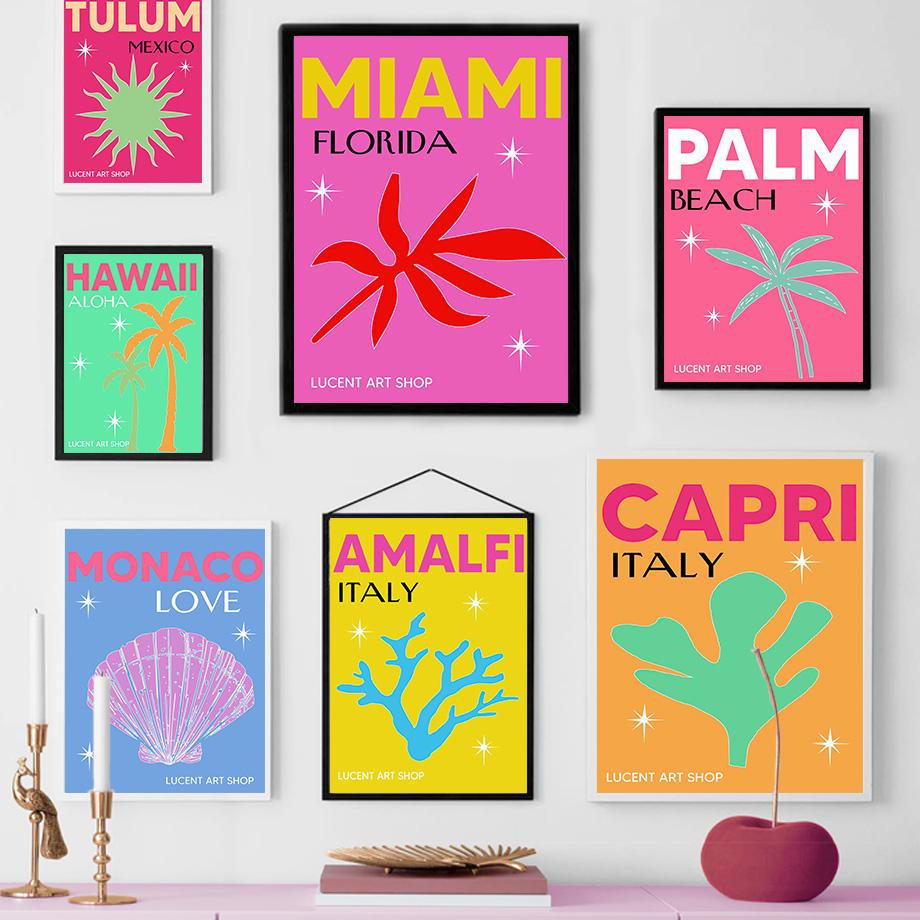 Abstract Tourism City Nordic Poster Italy Mexico Beach Palm Coral Shell Wall Art Canvas Painting Wall Pictures Living Room Decor