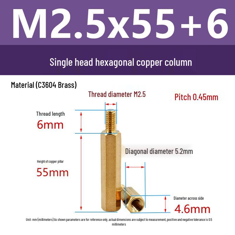 C3604 Brass Hexagonal Pillar with M2/M2.5 Internal & External Threads: Camera Stud Fixing Spacer Screw Rod