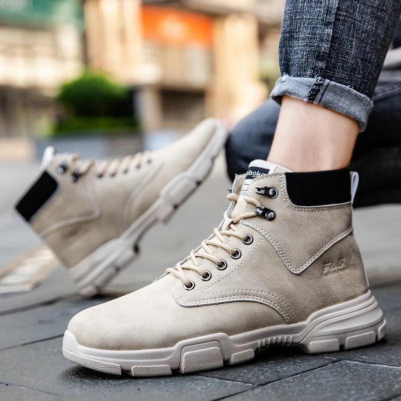 

Autumn British Fashion Breathable Work Leather Boots Trend High-top Casual Men s Boots Retro Warm Cotton Shoes Platform Sneaker 44 хаки