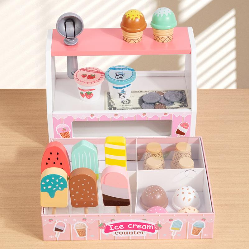 Children'S Wooden Playhouse Simulation Ice Cream Ice Cream Sale Store Commissary Checkout Page Role-Playing Toys