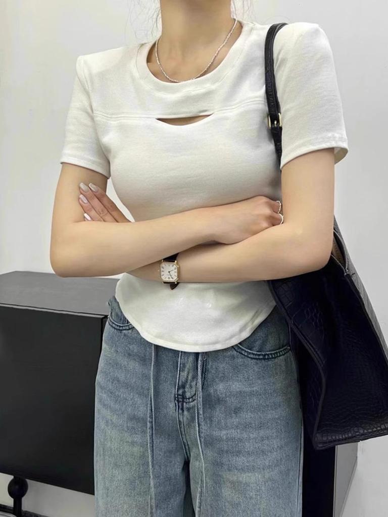 2026 Women's Slim Fit Short Sleeve Hollow Out Casual T-shirt