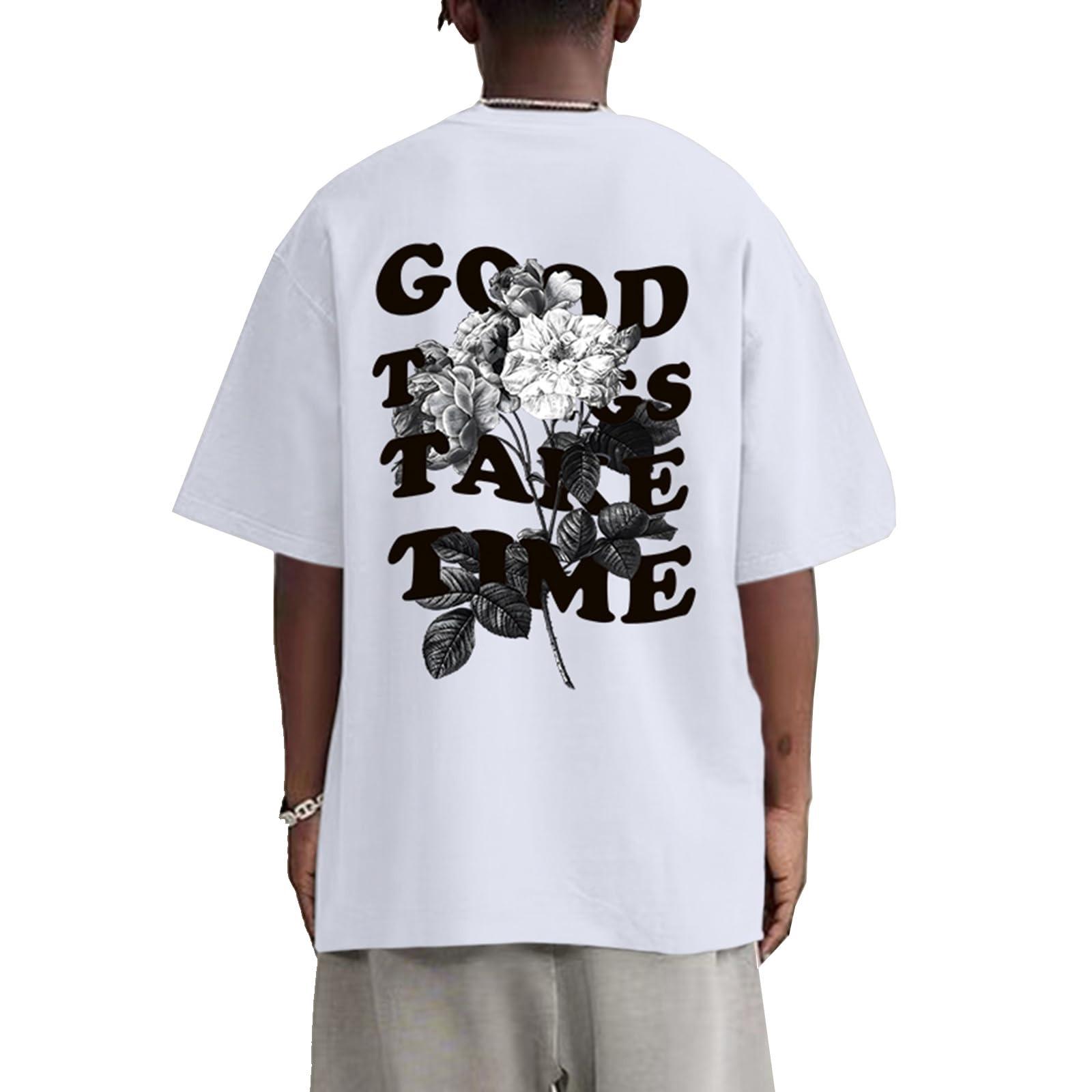 

Men s Motivational Quote & Rose Graphic Tee, Good Things Take Time Streetwear Oversized T-Shirt XXL білий