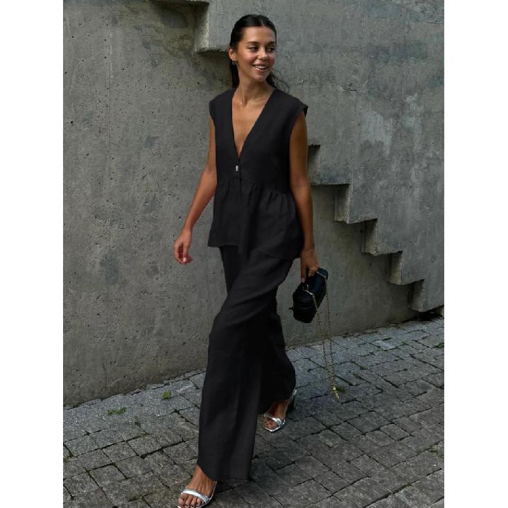 Summer Chic Women'S Set Solid Color Cotton Linen Two Piece Set Fashion Ruffles Sleeveless Tank Top With Wide Pants Outfit Female