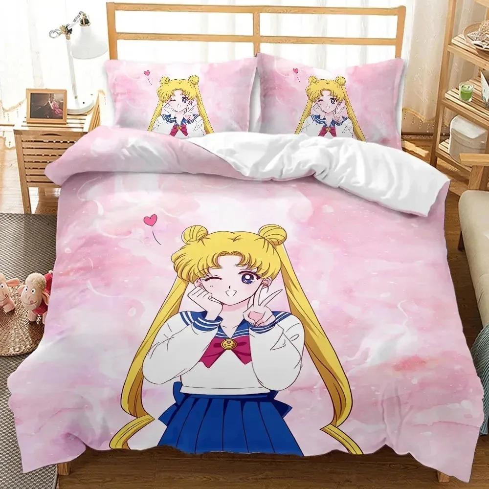 Kreslený S-Sailor-M-Moon Ložní set, Chlapecký a dívčí povlak na přikrývku, povlak na polštář, dárek, Domácí ložnicový quiltový set, Velký King 260x220cm
