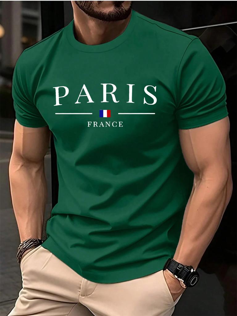 Summer men's 100% pure cotton casual loose plus size Paris French printed sports comfortable round neck short sleeved T-shirt