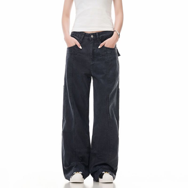 

Street Studio American Retro Vintage Washed Cargo Pants Female Fashion Loose Straight Casual Pants Smoke Gray S