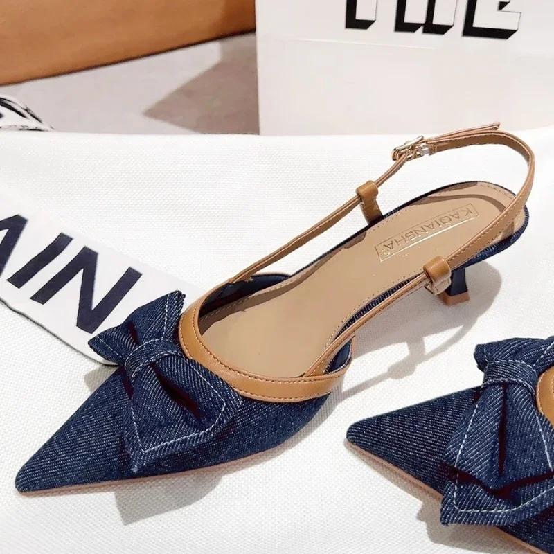 Fashion Pointed Heel Sandals Velvet Shoes Suit Female Beige 2025 Women's Suede Low Closed Denim Black Fashion Real Girls Stiletto Retro