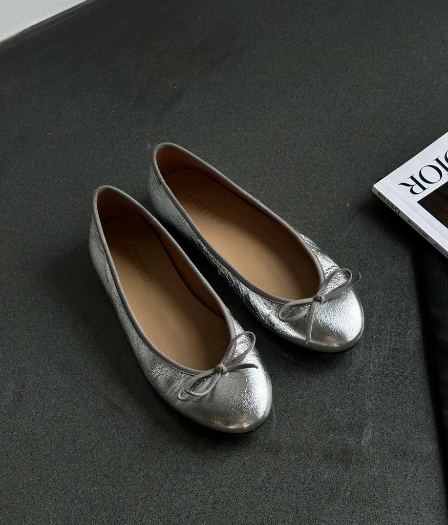 Leather retro gentle wind bow ballet shoes French silver round head flat bottom light mouth single shoes soft sole grandma shoes