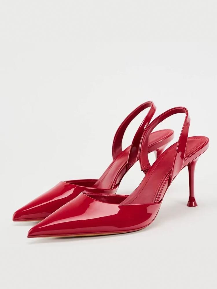 Fashion New Women's Shoes In Red Patent Leather with Shiny Surface, Pointed Temperament, Slim High Heels, Mueller Shoes, Hollow Sandals