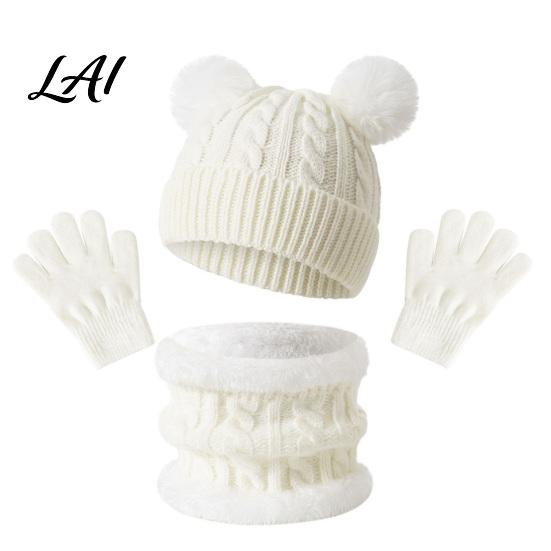 Five Finger Winter Gloves for Toddlers Kids Warm Knit Set Bear Ear Hat Fleece Lined Neck Gaiter & Weather Resistant Thermal Set Full Gloves,