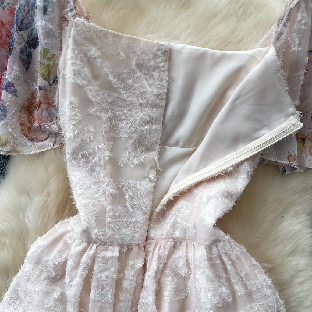 Vestido de Verano Cuadrado de Gasa Bordada Estampada de Alta Calidad para Mujer Moda Vacaciones Manga Volante Adelgazante Midi