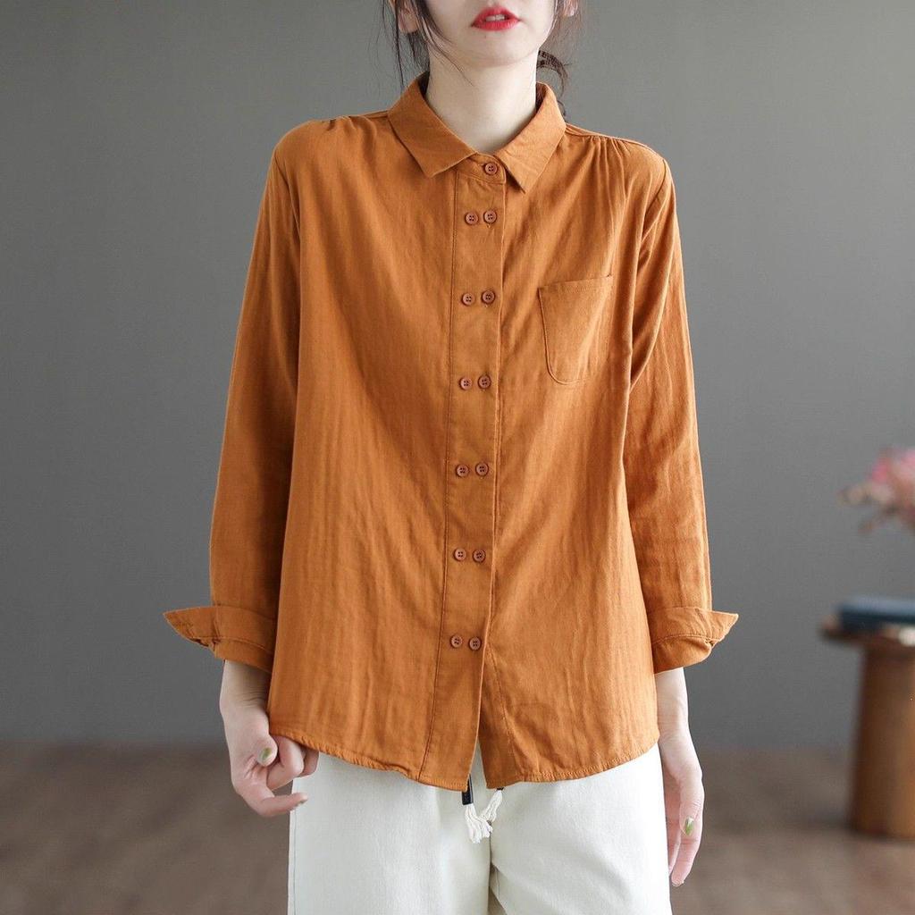 Korean Style Double-Breasted Women's Shirt, Polo Collar, Cotton Linen, Long Sleeve, Loose Fit, Perfect for Spring/Autumn