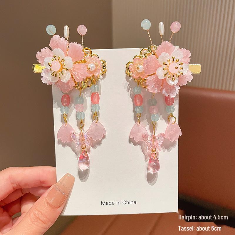 Children's Traditional Hanfu Headdress Hair Clips with Tassels - Handmade Pair for Girls