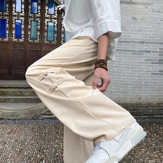 Men Pants Chinese Style Tassel Knot Decor Straight Wide Leg Loose Drawstring Elastic Waist Solid Color Pockets