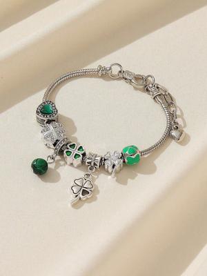 1pc Elegant Green Four-Leaf Clover Pendant With Rhinestone Heart Charm, Large Hole Beaded Bracelet, Suitable For Women