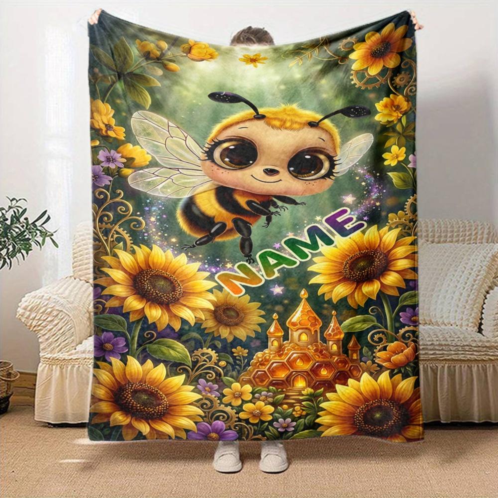 Cute Bee And Sunflower Garden Home Customize Your Name Blankets Soft Cozy Lightweight Allseason Multiuse Throw Perfect For Picnic Sofa Office Bed
