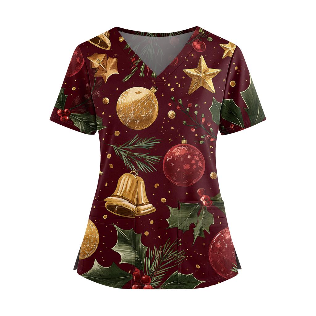 Dámský vánoční potištěný top s výstřihem do V, dvěma kapsami, krátkým rukávem, rozparkem na lemu, uniforma pro pečovatelky