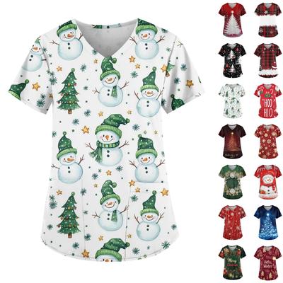 Plus Size Printed Scrub Working Uniform Tops For Women's V-Neck Short Sleeve Fun T-Shirts Workwear Tee With Pockets