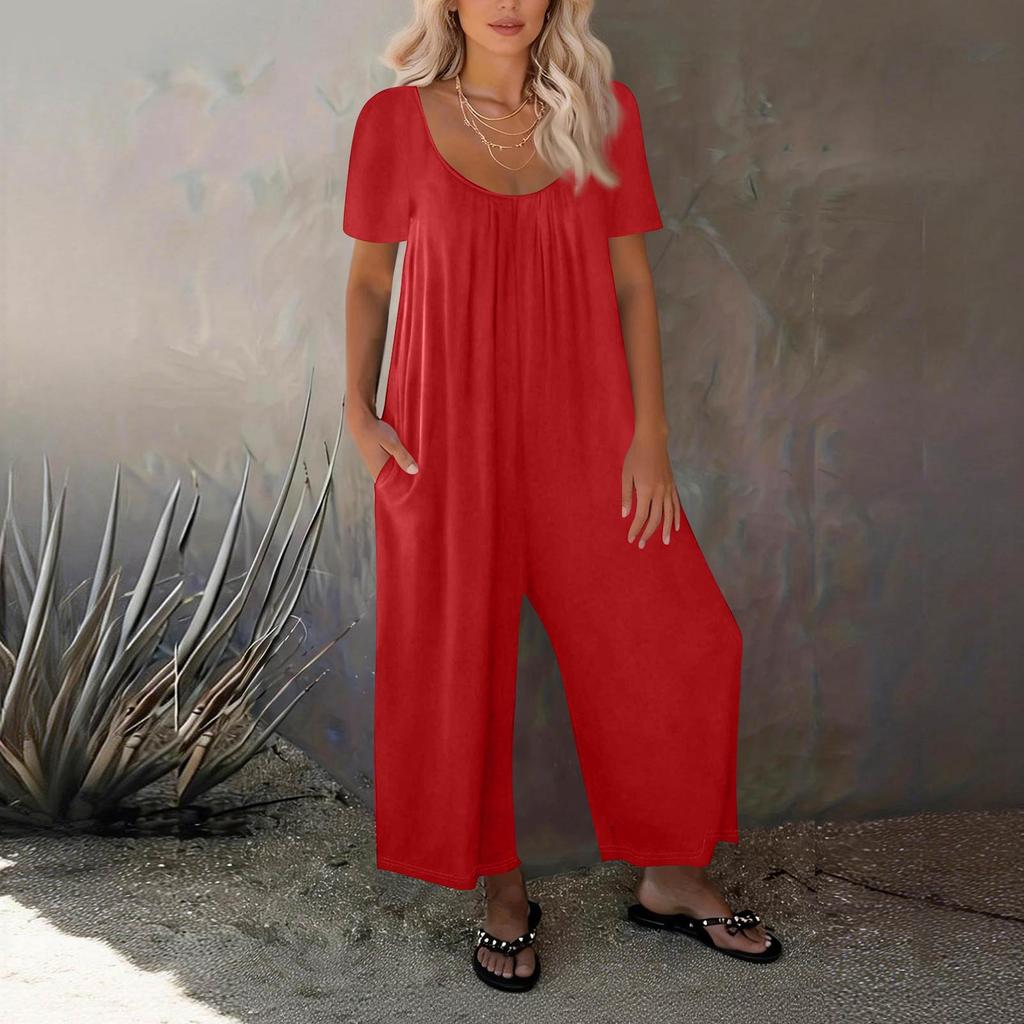 Women's Fashionable Casual Relaxed Fit Pocketed Short Sleeve Jumpsuit