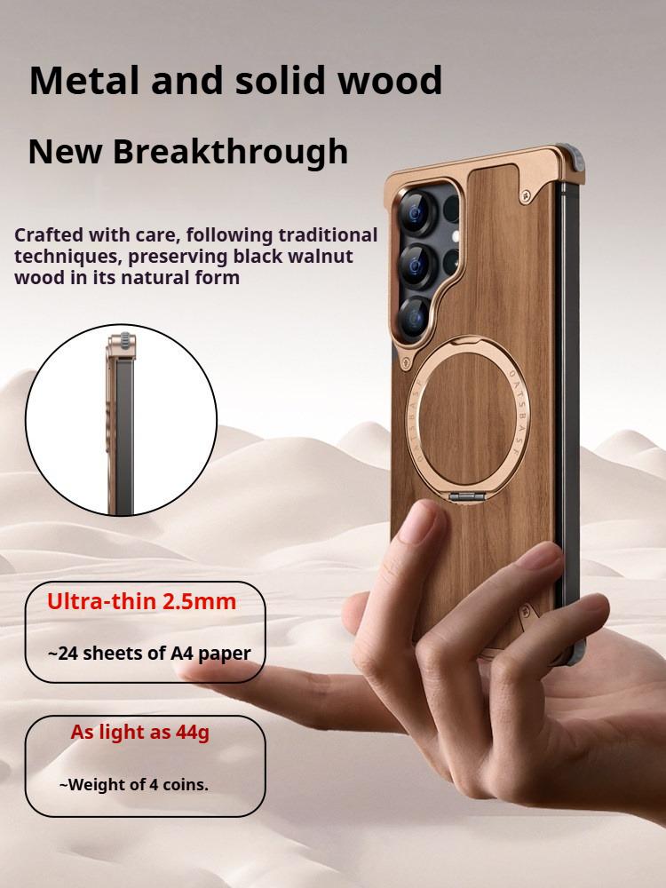 Eary Wooden Phone Case for Samsung Galaxy S26 S25 Ultra With Magnetic Stand 360°Rotatable Frameless Shockproof Protective Cover