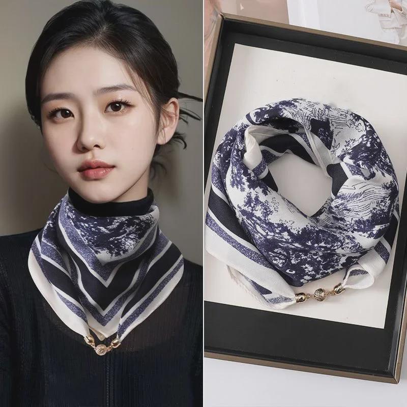 Women's Autumn/Winter Versatile Silk Scarf - Fashionable, Warm Magnetic Buckle Korean Square Design