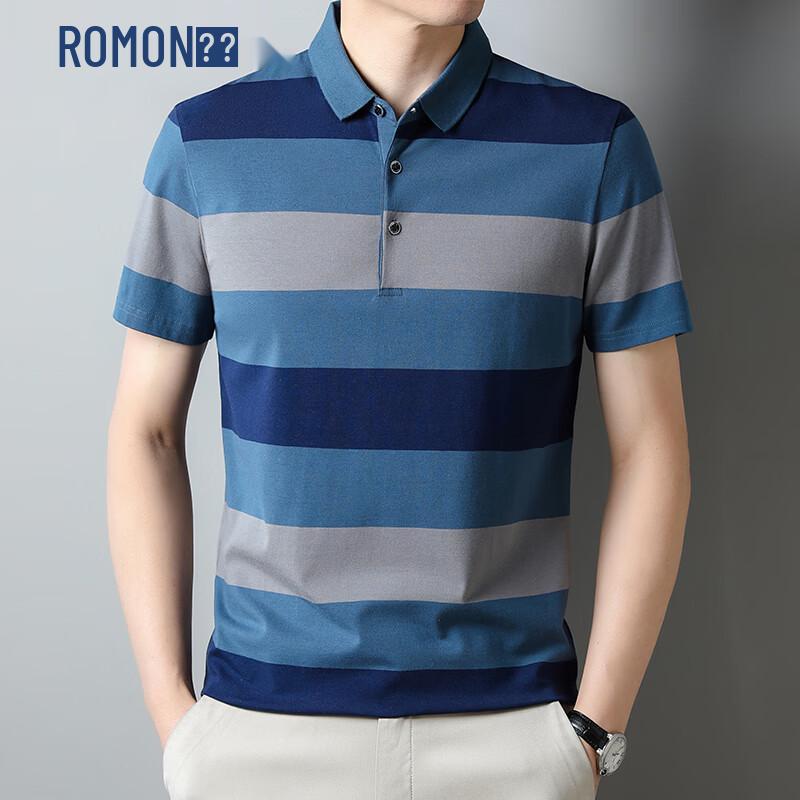Romon Men s Thin Striped Business Casual Polo T-Shirt M