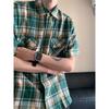 Men's Retro Plaid Short Sleeve Shirt Casual Loose Fit Double Pocket Button Up Top